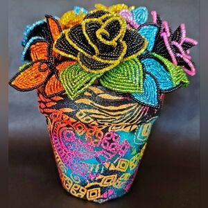 Colorful Jungle Print Decoupage Pot filled with French Beaded Flowers